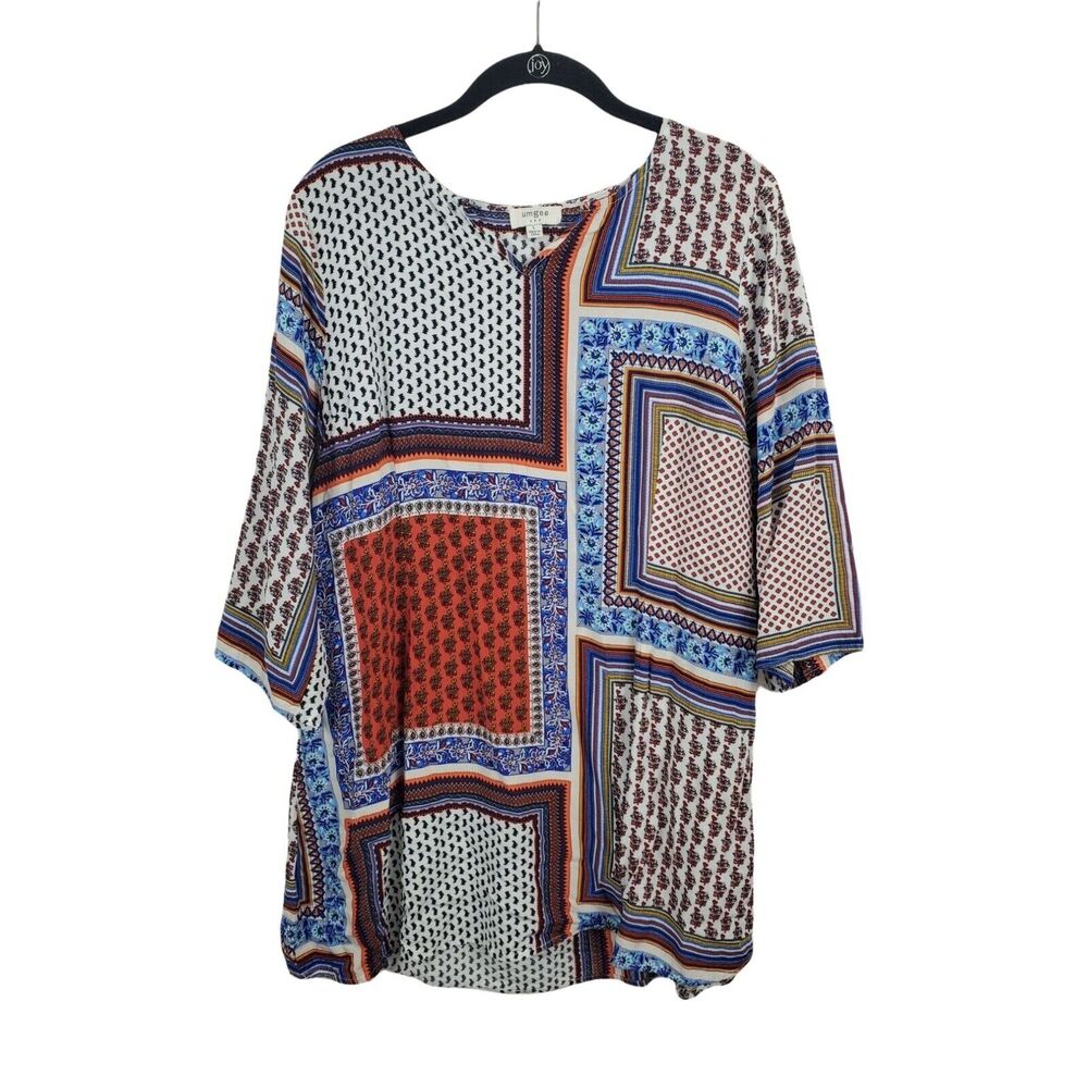 Umgee Blouse Womens Large Half Sleeve V Neck Multicolor Geometric Print Light We